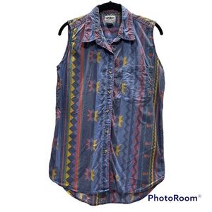 AtLast Basics Womens Blouse‎ Sz M 1992 boue aztec Button Down sleevless 90’s.